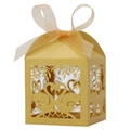 Laser cut white swan wedding candy box with heart pattern and elegant ribbon bow - 5*5*8CM / Gold
