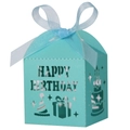 Detail of laser-cut Happy Birthday candy box in Tiffany blue with decorative ribbon - Tiffany Blue