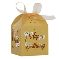Close-up of golden hollow Happy Birthday candy box with glitter finish and satin ribbon - Gold
