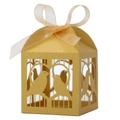 Détail de la boîte à bonbons dorée découpée au laser avec cage à oiseaux et ruban - 5x5x8CM / Or