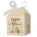 Detail of cream laser-cut Happy Birthday candy box with elegant organza ribbon tie - Jewel Star (Creamy Yellow)