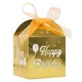 Golden laser cut Happy Birthday candy box with balloon pattern and orange ribbon bow - Reflective Gold