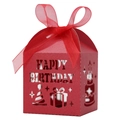 Detail of red laser-cut candy box with Happy Birthday text and organza ribbon - Pearlescent Red