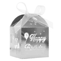 Close-up of silver mirror Happy Birthday gift box with hollow balloons and white bow - Reflective Silver