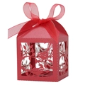 Detail of red laser-cut candy box with lovebirds floral pattern and chiffon ribbon bow - Pearlescent Red
