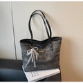 Dark grey glitter tote bag with black leather handles and pearl lace bow charm - Black (With Pendant)