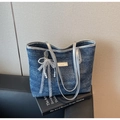 Blue denim tote bag with glitter finish, silver handles and a pearl lace bow charm - Sapphire Blue (With Charm)