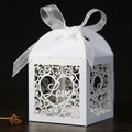 Elegant white laser-cut LOVE candy box with ribbon for wedding party gift packaging - White