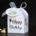 Detailed view of white laser-cut Happy Birthday candy box with ribbon and thank you tag - White (With Tag)