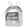 Macro shot of silver mirror gift box with laser cut Happy Birthday letters and white bow - Reflective Silver