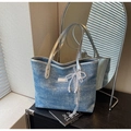 Denim blue and silver sparkle tote bag with lace bow charm and metal logo plaque - Denim Blue (With Charm)