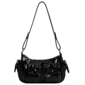 Sac à épaule en cuir verni noir style Y2K avec nœuds et multiples poches fonctionnelles - Noir