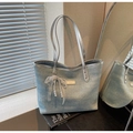 Light blue denim tote bag with rhinestones, silver straps and pearl lace bow charm - Sky Blue (With Charm)