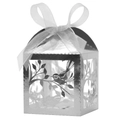Detail of silver laser-cut wedding favor box with bird patterns and white organza bow - Reflective Silver