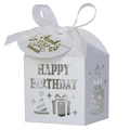Close-up of white laser-cut Happy Birthday candy box with ribbon and thank you tag - White (With Tag)
