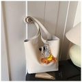 Minimalist beige pebble leather tote bag with elephant charm and shoulder strap - White (With Pendant)