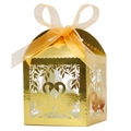 Golden laser cut swan heart wedding favor box with an orange organza ribbon bow - 5*5*8CM / Reflective Gold