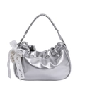 Sac nuage plissé argenté avec anse tressée et charm cœur en perles élégant - Avec Pendentif / Argenté