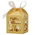 Golden laser-cut Happy Birthday candy box with pearl paper and a sheer ribbon bow - Gold