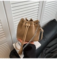 Fashionable khaki bucket bag with woven texture, leather drawstring and silver chain strap - Khaki