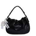 Black ruched cloud handbag with woven handle, pearl charms and white lace bow detail - With Charm / Black