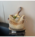 Beige woven straw tote bag with brown cutout patterns and colorful boho ribbons - Style 3 Cream