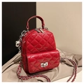 Mini red patent leather quilted backpack with silver hardware and chain strap details - With Charm Style / Red