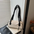 Minimalist beige woven shoulder bag with black leather trim and contrast piping detail - Black
