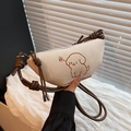 Schicke beige Halbmond-Tasche mit Welpen-Stickerei und braunem geknotetem Schultergurt - Cremeweiß Braun