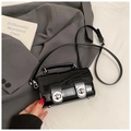 Women's black patent leather pillow bag with silver buckles and a top handle strap - Black without Pendant