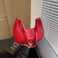 Red half-moon hobo bag in lychee texture leather with adjustable shoulder straps - Red