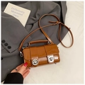 Chic brown patent leather rectangular crossbody bag with dual vintage round buckles - Brown No Pendant