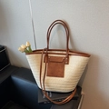Beige woven straw tote bag with brown leather trim and shoulder straps for women - Off-white