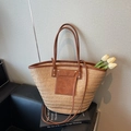 Large capacity straw tote bag with brown leather trim and elegant tulip decoration - Khaki