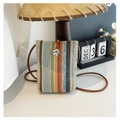 Rainbow striped woven mini crossbody phone bag with floral button and slim brown strap - Colorful