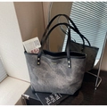 Large dark grey canvas tote bag with black leather straps and gold metal accents - Dark Brown
