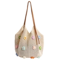 Cream crochet tote bag with colorful flower accents and brown leather shoulder straps - White