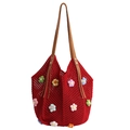 Handmade red crochet tote bag with colorful 3D flowers and brown leather straps - Red