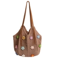 Brown crochet tote bag with colorful 3D flowers and leather straps in a front view - Brown