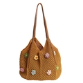 Ginger yellow hand-crocheted tote bag with colorful 3D floral accents and leather straps - Yellow