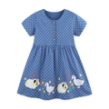 Robe fille à manches courtes bleu marine avec pois et broderies animaux mignons - 2Y(90cm) / Bleu Foncé à Pois Broderie Animale (1596)