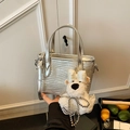 Sparkly silver sequin handbag with wave texture and cute white puppy charm accessory - Silver Wave Pattern With Charm