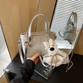 Elegant silver glitter tote bag featuring a cute white puppy plush charm and top handle - Silver (With Pendant)