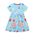 Blue girls summer dress with cute cartoon ice cream print and striped red pockets - 2Y(90cm) / Light Blue