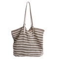 Striped straw tote bag with beige weave and adjustable leather shoulder straps - Khaki