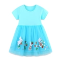 Short sleeve light blue girls summer dress with rabbit embroidery and mesh skirt - 2Y(90cm) / Light Blue