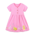 Pink girl's summer dress with white polka dots, wood buttons, and lion animal embroidery - Pink Polka Dot Animal Embroidery (1571) / 2Y(90cm)