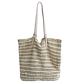 Green and white striped woven straw tote bag with adjustable cream leather straps - Green