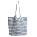 Blue and white striped woven straw tote bag with adjustable cream shoulder strap - Blue
