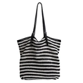 Fashionable woven tote bag with black and white stripes and adjustable shoulder straps - Black
